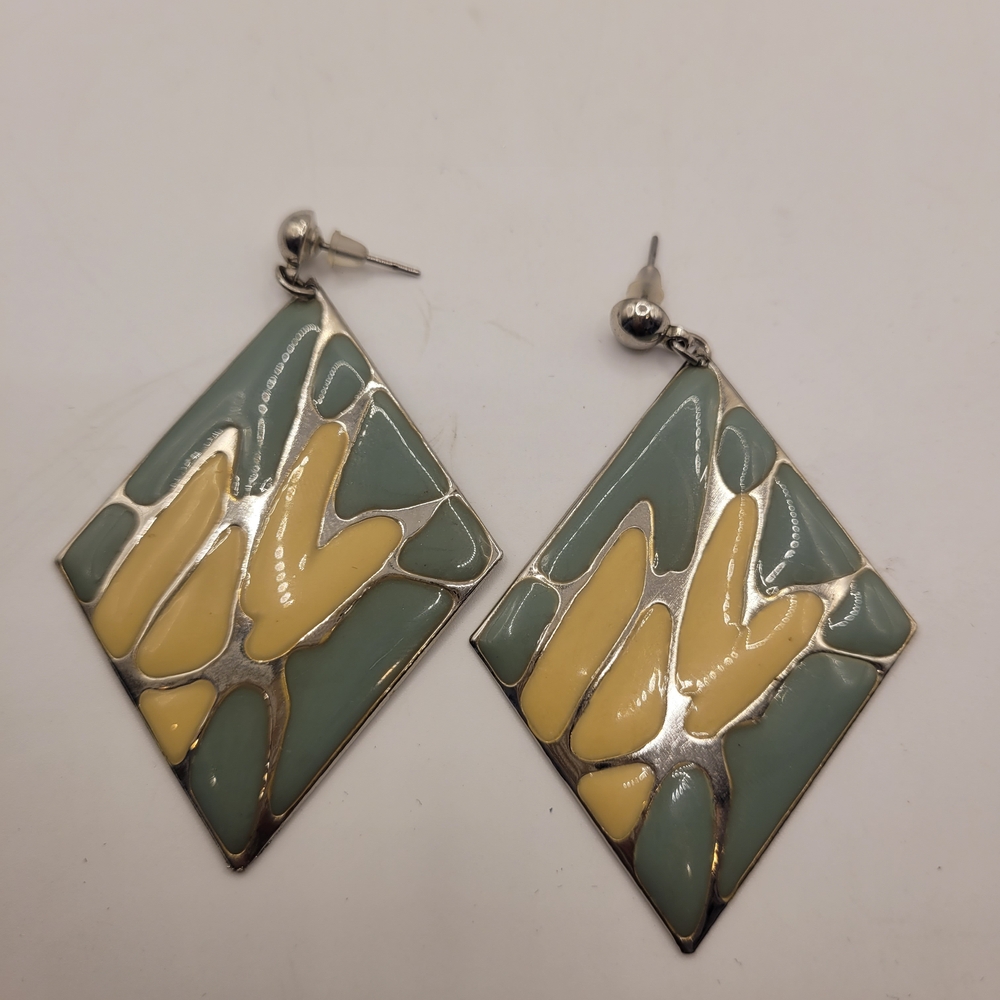 1980s Enamel Green And Silver Tone Earrings